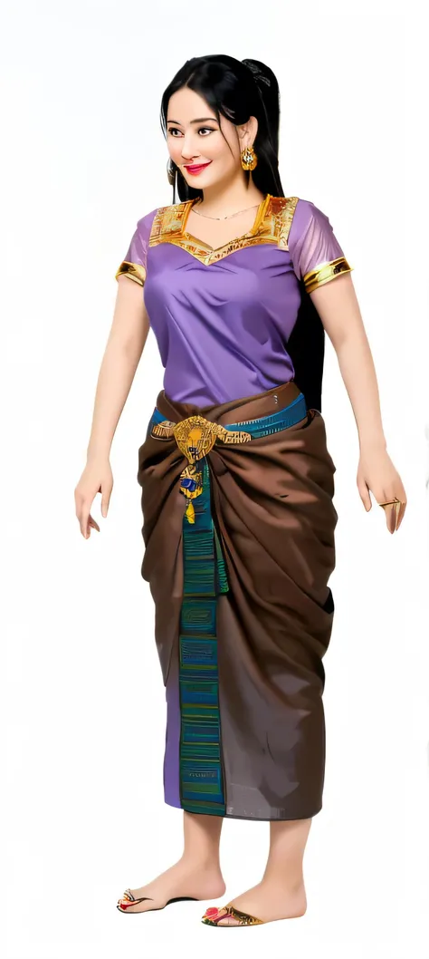 Standing with a relaxed posture, wearing a vibrant purple blouse paired with cambodia traditional brown wrap skirt adorned with intricate gold and blue detailing. The figure has long black hair and is accessorized with colorful round earrings. The toes are...