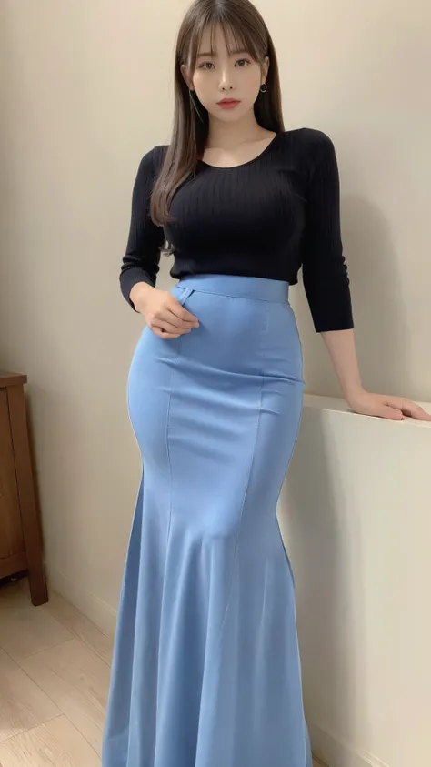 (masterpiece,Best Quality,Ultra-high resolution),Highly detailed CG, Perfect lighting、Perfect upper and lower body balance、(((Very beautiful Japanese woman)))、((High waisted hobble pencil mermaid skirt)),(((Maxi length long skirt)))、The skirt fits snugly f...