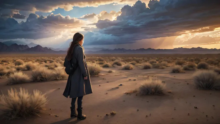 FULLBODY, a crying girl in the desert, rain falling all around, full body view, beautiful detailed eyes, beautiful detailed lips, extremely detailed face, long eyelashes, tears streaming down face, long hair flowing in the wind, desert landscape, dramatic ...