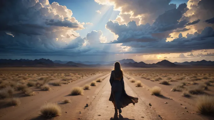 FULLBODY, a crying girl in the desert, rain falling all around, full body view, beautiful detailed eyes, beautiful detailed lips, extremely detailed face, long eyelashes, tears streaming down face, long hair flowing in the wind, desert landscape, dramatic ...