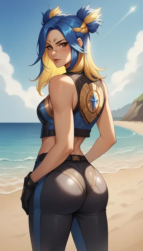 score_9, score_8_up, score_7_up, detailed face, beautiful, detailed background, masterpiece, best quality, looking at viewer,  neonSDXL,1girl,solo,blue hair,yellow hair,multicolred hair,gloves,bare shoulders,brown eyes, leather pants, from behind, big ass,...