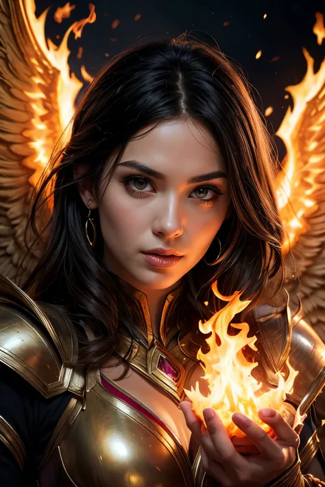 a close up of a woman with a fire and flames on her body, with fiery golden wings of flame, with fiery golden wings, epic fantasy art style, concept art | artgerm, phoenix warrior, extremely detailed artgerm, epic fantasy digital art style, female lord of ...