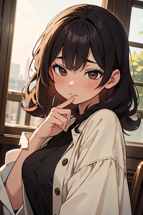 (masterpiece), (best quality), 8k, highres, super detailed, woman, woman with black hair twisting it around her fingers, bashful, trying to hide it, love, blushing face, intimate, emotional, tender, delicate, soft lighting, warm colors, cinematic, dreamy, ...