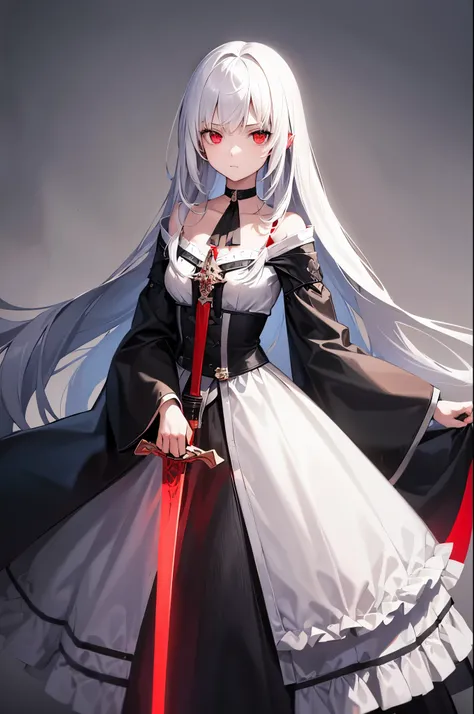 1girl,,cinematic angle,simple background(white),petite,black_long_hair,red_eyes,holding a long sword,red_manteau,choker,masterpiece