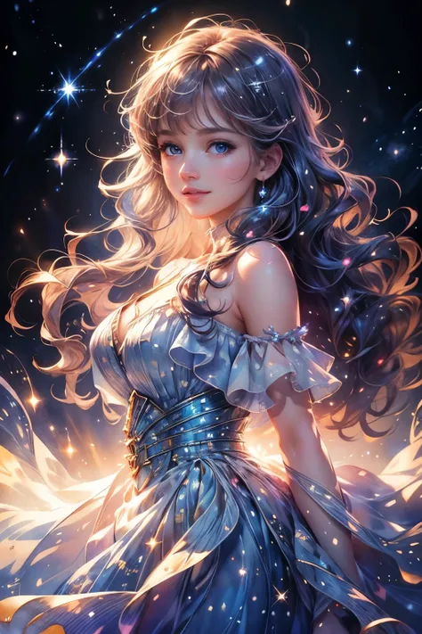 masterpiece, Best Quality, detailed, beautifully rendered, beautiful, watercolor, watercolor, Surrounded by the galaxy, Young woman, Shining starry sky、Twinkling, shining stars、 Upper Body, Cute smile, Wavy Hair, beautiful blue eyes, Glossy Lips, Upper Bod...