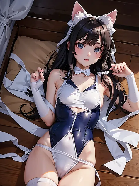 Cat with white ribbon,White school swimsuit