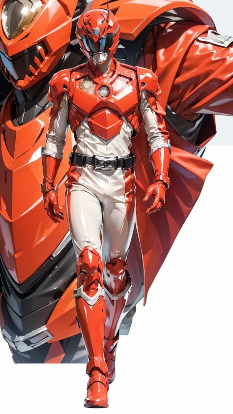 1boy, full body, Illustration, cinematic light, high resolution, best quality, ultra detailed, masterpiece, power suit, powerranger, suit, spd, (Silver and Gold chestplate), red and gold detail, (((white suit))),