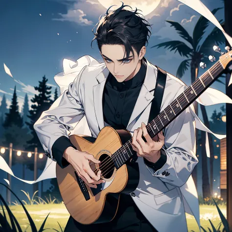 "Best quality , High quality , The best details ,Image of a passionate guitarist,Single portrait,3 man,Short HairstyleQuiff Hairstyles, blue eyes, handsome,Wear a wedding ring on the finger, in the grass,The place where the moonlight shines , Create a play...