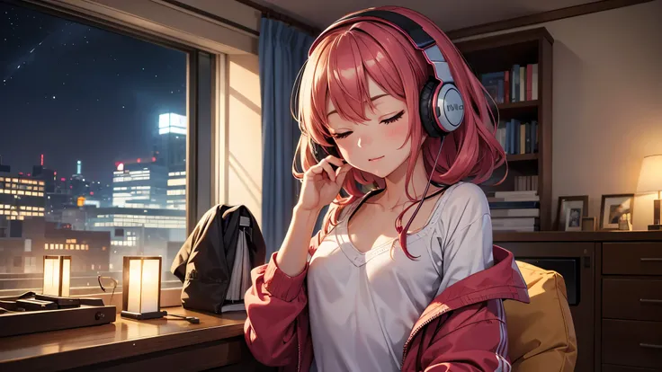 Girl with headphones enjoying music in a home I am studying Emphasize a little bit of the big chest Looking towards me with eyes closed Night Background