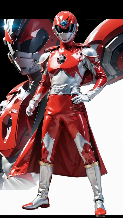 1boy, full body, Illustration, cinematic light, high resolution, best quality, ultra detailed, masterpiece, power suit, powerranger, suit, spd, (Silver and Gold chestplate), red and gold detail, (((white suit))),