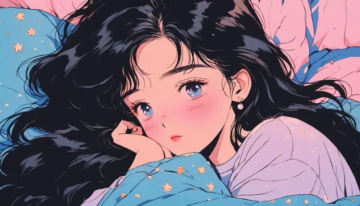 90s anime style, 1990s style, clear, 1980s style, (blush:1.7), the highest quality, 8k, close up, lofi girl, lofi art, lofi feeling, very big eyes, take a nap, a black long hair cute laying on a pillow, closed eyes, solid skyblue background with no other e...
