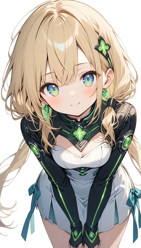 android girl、white torso、green led、led,long hair、blond、low twintails、leaning forward,he looks at me with a strange expression.,c...