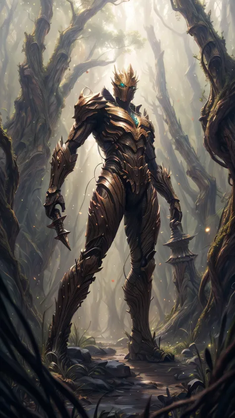 insectoid plant-like warrior, elongated armor-like bark wings, holding large curved sword, twisted body, action pose, preparing to strike. reddish-brown body skin, tree bark texture, alien head, petal-like appendages, softly lit, tiny glowing particles flo...