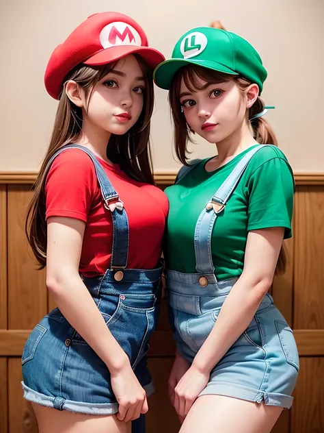 2 girls, (girl cosplaying as Mario and girl cosplaying as Luigi, {[a girl dressed as Mario has brown bob hair and Brown big eyes, super cute slightly round face, is wearing Marios red Casquette, fake mustache, a red shirt, blue overalls, and white gloves]}...