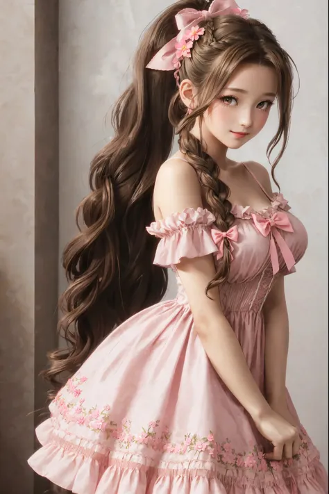 gainsborough_aerith, long hair, brown hair, bow, ribbon, hair ribbon, pink bow, braid, braided ponytail, single braid, (huge bre...