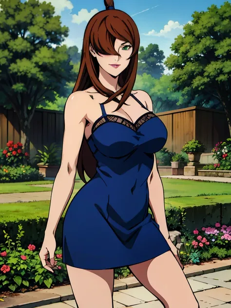 standing, sexy pose, blue dress, fishnet on top dress, garden background, Mei Terumi, anime cels style, best quality, high resolution, 1girl, (large breasts:1.2), beautiful face, long hair, brown hair, green eyes, ((hair over one eye)), lipstick, cowboy sh...