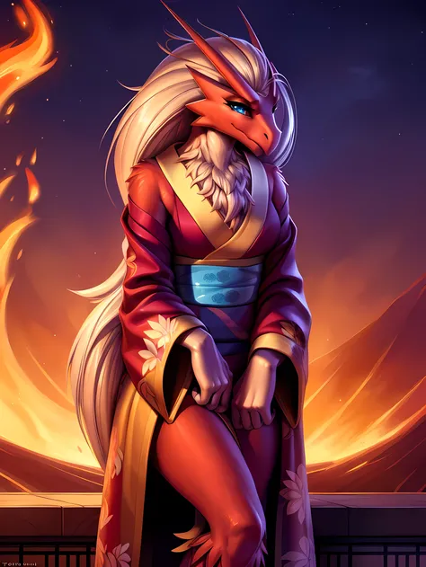 uploaded on e621, ((Blaziken)) by Pixelsketcher, by Bayard Wu, by Thomas Benjamin Kennington , by Einshelm, anthro, ((portrait, face focus, close-up)), BREAK, ((kimono:1.2)), wearing a kimono, long flowing kimono, red kimono, fire design on kimono, full bo...