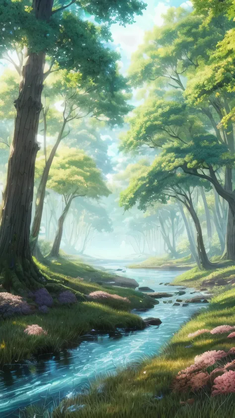 Viral anime nature wallpaper in 4K quality, inspired by Hayao Miyazakis digital illustration style. Features a peaceful forest with tall, ancient trees, sunlight filtering through the leaves, a gentle stream, and mystical creatures hiding among the foliage...