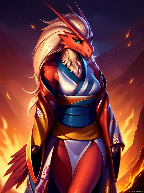 uploaded on e621, ((Blaziken)) by Pixelsketcher, by Bayard Wu, by Thomas Benjamin Kennington , by Einshelm, anthro, ((portrait, face focus, close-up)), BREAK, ((kimono:1.2)), wearing a kimono, long flowing kimono, red kimono, fire design on kimono, full bo...