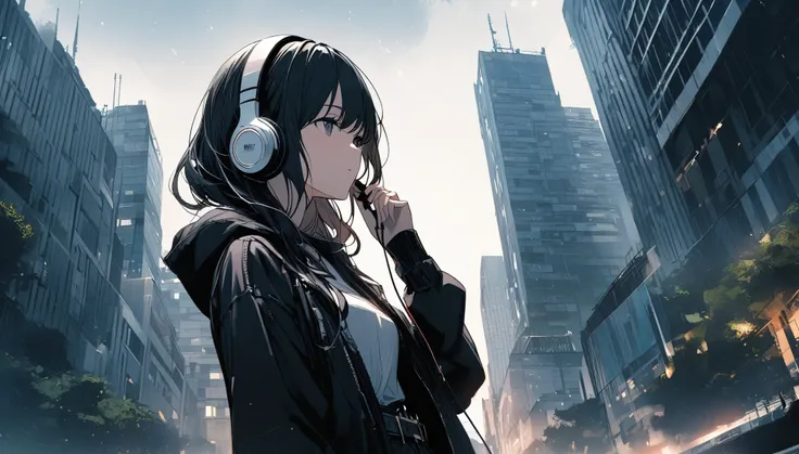 A woman looks at a large park in Tokyo city from a high-rise building,Streetscape、Listening to music with headphones、Japanese