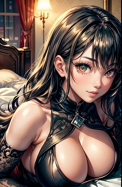 Realistic, a glamour shot of a shy Asian waifu with a wide smile (extremely long wavy black hair), hand on her chin, hard nipples, big ass, leaning toward the viewer, cowgirl pose, with Smokey eyeshadow and knowing smile, heavy eyeshadow and mascara, weari...