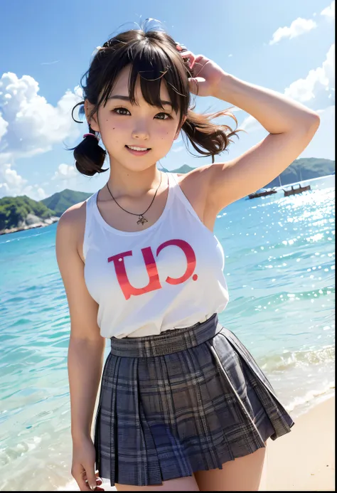 (Highest quality,masterpiece:1.3,Ultra-high resolution),(Very detailed、Caustics) (Realistic:1.4, RAW shooting、)Ultra-Realistic Capture、Very detailed、Natural skin texture、masterpiece、(A Japanese elementary school girl wearing an alphabet-patterned sleeveles...