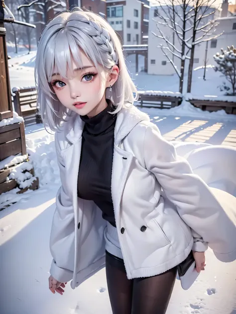 masterpiece:1.5, high quality. 1girl, black turtleneck sweater, sideboob, black short pants, pantyhose, white hair, fur white coat, medium breasts, bright skin. background: winter ruins, snow fall