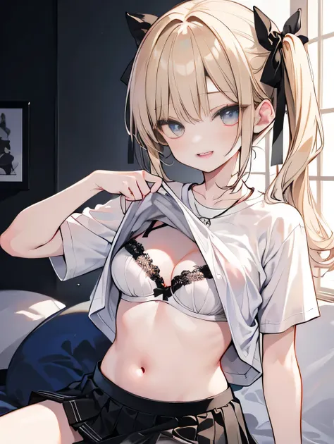 (Best Quality, High resolution, Pixel perfect, Depth of written border, 4K), (High Angle), bed, (whole body:1.2), Detailed eyes, (1 girl), Perfect body, Medium chest, Blonde, (Side Ponytail), (White T-shirt lift:1.5), (Showing off her black ribbon bra:1.5)...