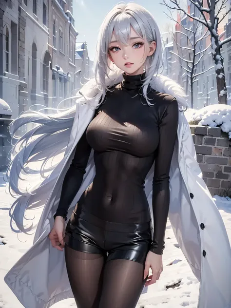 masterpiece:1.5, high quality. 1girl, black turtleneck sweater, sideboob, black short pants, pantyhose, white hair, fur white coat, medium breasts, bright skin. background: winter ruins, snow fall
