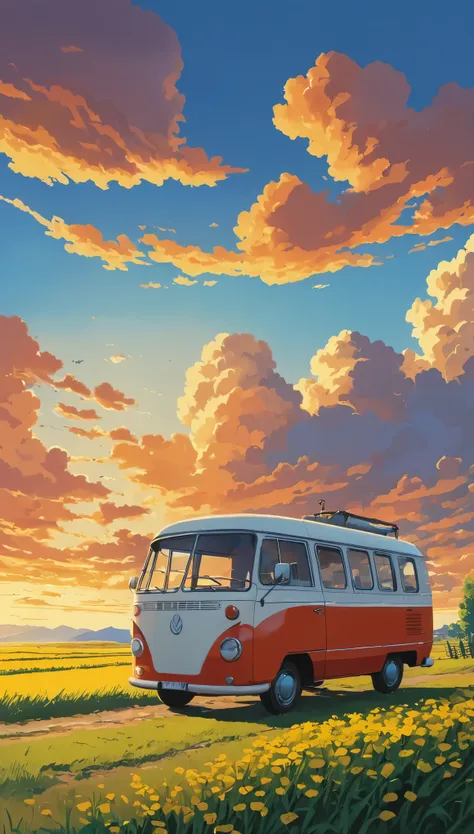 (minimalism:1.4), draw a simple tintin style art a minibus camping sunset clouds , studio ghibli art, miyazaki,  , makoto shinka...