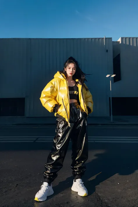 A female model, medium big breast, wavy hair, stands confidently, wear an oversized black puffer jacket and bright yellow baggy oversized pants made of shiny material. She wears white sneakers and has long black hair. The background features a vibrant sky....