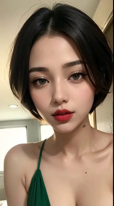 Amazing portrait of a sexy woman with her short hair in a bob style and her face covered with lots of makeup gazing at us seductive with her perfect red lips parted wearing a green saree in an empty bathroom