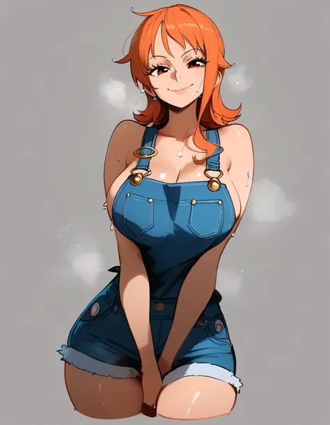 1girl, nami (one piece), one piece
masterpiece, best quality, newest, ///// nyantcha, khyle, cutesexyrobutts highres, absurdes. , solo, wet, sweat, shiny skin, straight-on, big breasts, naughty face, three quarter view, grey background, simple background...