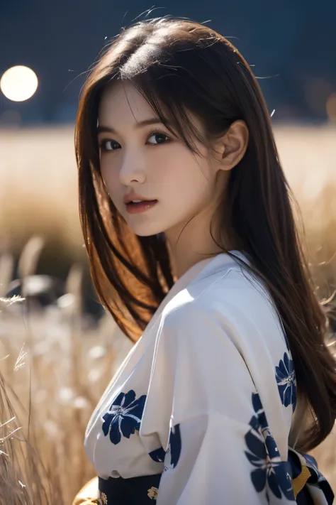 One Girl, (She is wearing a cute yukata:1.2), (Beautiful Japanese idol portrait photos),
(The background is a moonlit night with silver grass growing.。.。.:1.3),
(RAW Photos, Best Quality), (Realistic, photo-Realistic:1.4), masterpiece, 8K Portrait,
Very de...