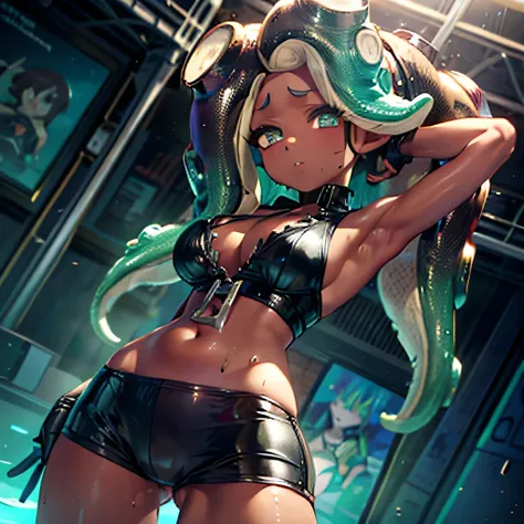 Browsing Caution, One Girl, jitome, Ribbon swimsuit, sweating, Bend back, Big Breasts,Armpit hair grows、Underarm High、marina,large breasts,
dark skin
dark-skinned female
tentacle hair
crop top
vest
leather short pants
gloves
cleavage