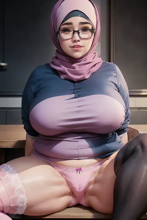 (Spread your legs:1.3)、(no panties:1.3)、 (Sitting at the table)、(ANY HIJAB STYLE), pale woman, fat, (plump), skindentation, mature, curvy, (large breasts),
(low light), hdr, raytracing, (detailed complexion), (detailed), masterpiece, (photography), thick t...