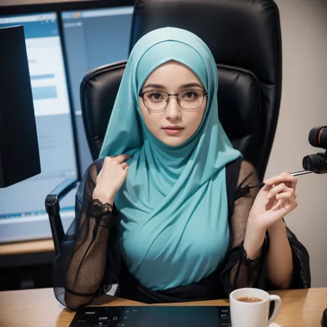 an 1 woman wearing glasses and a hijab in the podcast studio