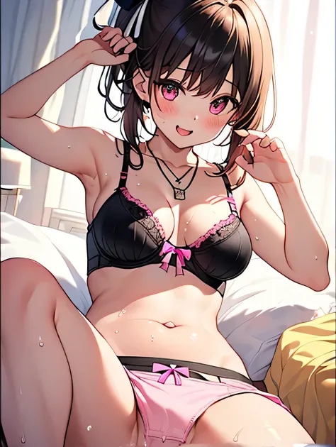 (Best Quality, High resolution, Pixel perfect, Depth of written border, 4K), (High Angle), bed, (whole body:1.2), Detailed eyes, (1 girl), Perfect body, Medium chest, Brown Hair、 (Side Ponytail),(White shirt), (Black mini skirtをめくる:1.5), (Showing off her p...