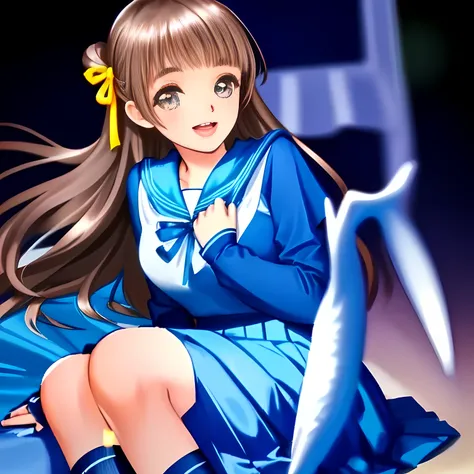 (highest quality, masterpiece: 1.6), (Beautiful magical daydream of a noble 15yo beautiful lying anime noble heroine, Solo beautiful giggling noble elegant 15yo neat anime heroine wares blue sailor-styled uniform with bouquet is lying on a magical bed like...