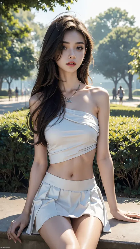 Top quality, masterpiece, ultra high definition, (Reality:1.4), Original photo, 1 Girl, ((bare left shoulder)), cinematic lighting, very long hair, wind, necklace, piercing, ((one shoulder clothing)), ((navel)), white clothing, ((short skirt)), abs, in the...