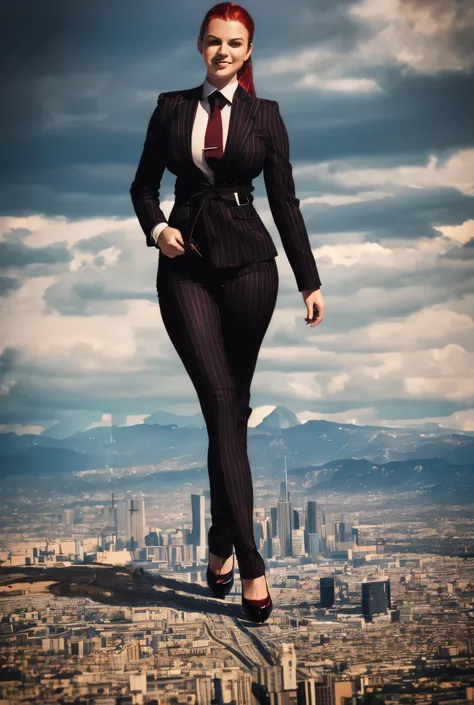 Young adult 1 woman, beautiful curves a massive curvy thighs redhead ponytail red lips wearing a perfect crimson pinstriped suit and blazer with a ((massive thick and massive black necktie, windosr knot the size of a fist)) white crisp shirt, massive brea...
