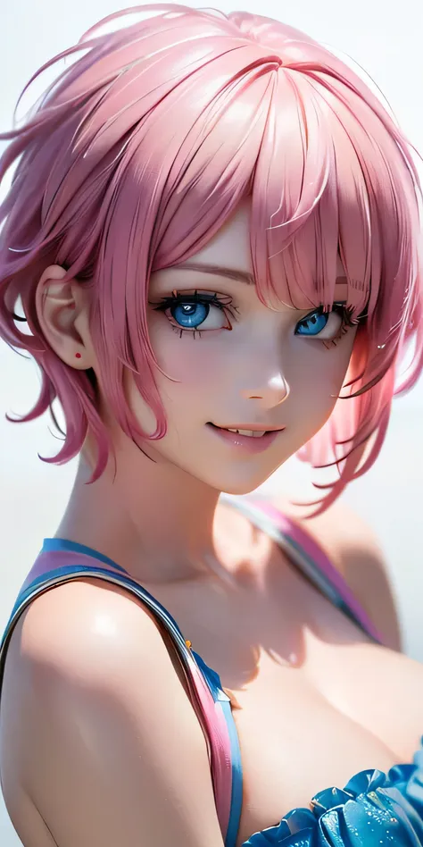 baby face, (pink short hair:1.5,messy hair:1.5), (photorealistic:1.8), (masterpiece, side light, exquisite beautiful eyes: 1.5),...