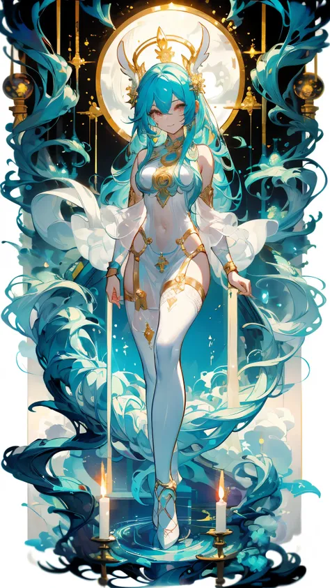 ((masterpiece， Best quality))，Moon Goddess，Romance，Jade Rabbit，Laurel，Gold and Cyan，Pure white background，Standing，Detailed face，Smile，whole body，Perfect body proportions，Glowing eyes，sexy，Tattoo，extremely beautiful，transparent，Fishnet stockings，nude