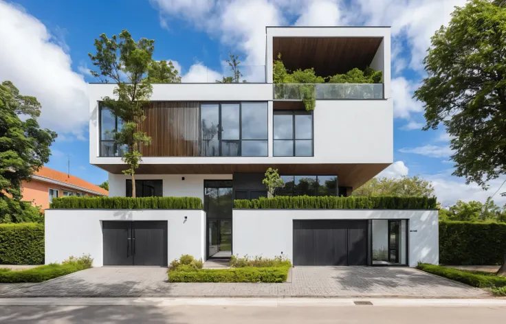 Raw photo,Masterpiece, high quality, best quality, authentic, super detail,
outdoors, house style modern,bietthuhn, white wall, glass windows, gate
road,pavement, grass, trees, sky, cloud, (day:1.1),