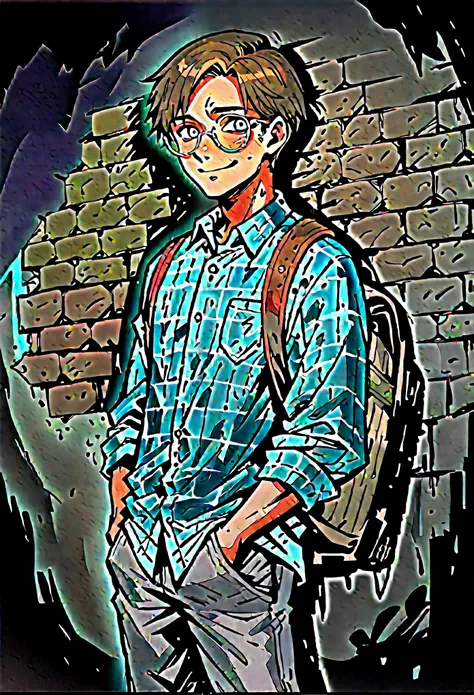 Medium close-up of a pale, slender schoolboy, brown-haired, korean perm hairstyle, straight black hair, contrast blue-gray eyes. He has uncomfortable smile expression, looking directly at the viewer, with a finely detailed, ultra-clear face. Hands in hands...