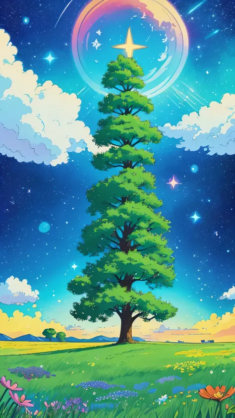 /imagine prompt: Viral anime nature wallpaper in 4K quality, in the style of Pixar 3D inspired by Toy Story, showcasing a lush meadow filled with colorful wildflowers, a clear blue sky with fluffy clouds, and a single majestic tree standing in the middle; ...