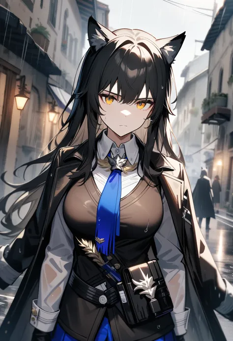 masterpiece, best quality, very aesthetic, absurdres, 1girl, solo, texas the omertosa(arknights), arknights, black hair, yellow eyes, wolf ears, breasts, black vest, blue necktie, coat on shoulders, expressionless, wet, Rainy Italian town, serious, cinemat...