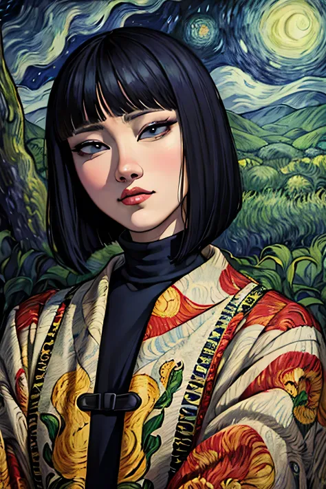 Illustration、art、Junji Ito、Overaction、Overreaction、Get lost in a monster festival、Attention to detail、Black Hair、Long Hair、Bob haircut, realistic shadow、Analog Style、Surrealism、Van Gogh Background、night