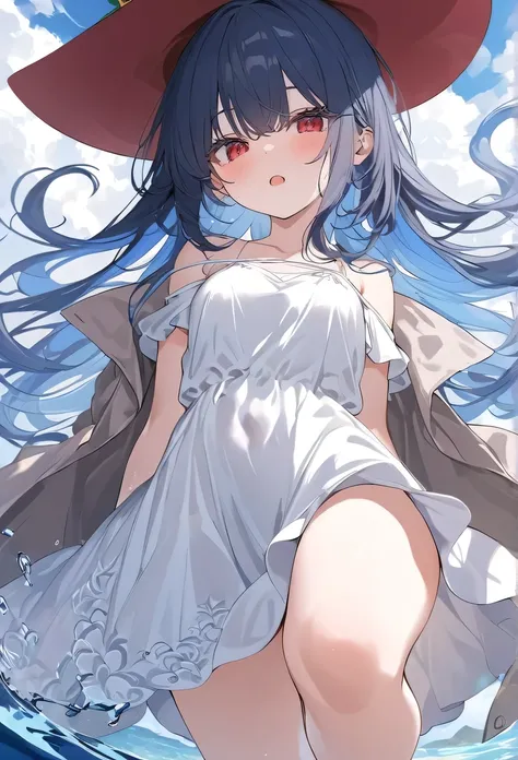 masterpiece，Top quality，best quality，Official Art，Beautiful and discerning，Extremely detailed（Fractal art 1.2），rich and colorful，The most detailed，A girl，Expressionless，long dark blue hair，long bangs，bright red eyes，pale albinism，barefoot，Wearing a pure wh...