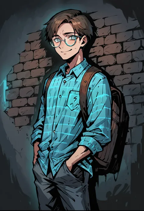 Medium close-up of a pale, slender schoolboy, brown-haired, korean perm hairstyle, straight black hair, contrast blue-gray eyes. He has uncomfortable smile expression, looking directly at the viewer, with a finely detailed, ultra-clear face. Hands in hands...